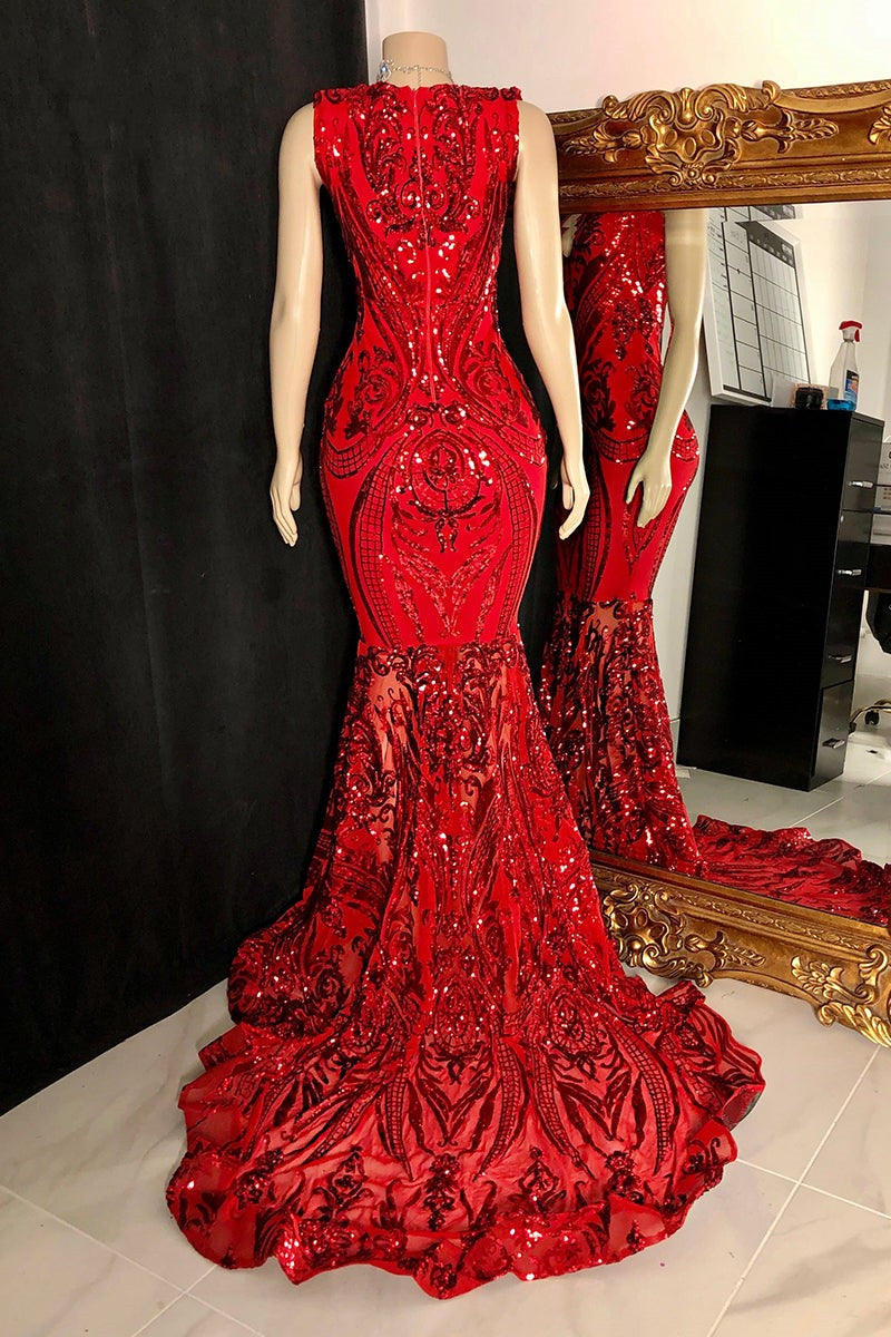 Elegant Long Red Mermaid Sleeveless Prom Dress With Lace