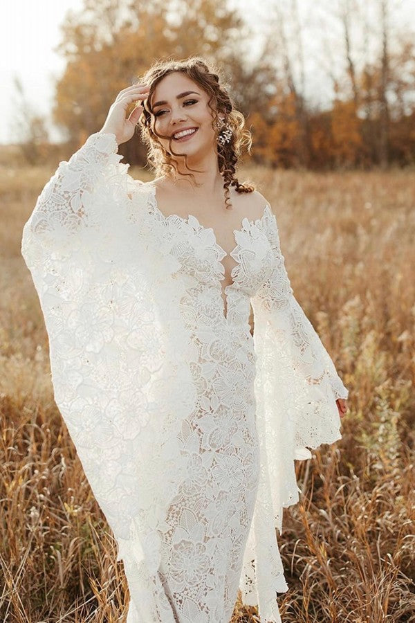 Elegant Long Sleeves Mermaid Lace Backless Wedding Dresses