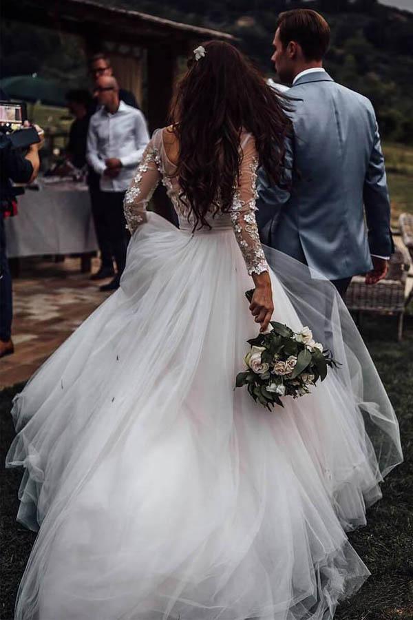 Elegante lange Ärmel Tüll Brautkleider Brautkleider mit Spitzenapplikation