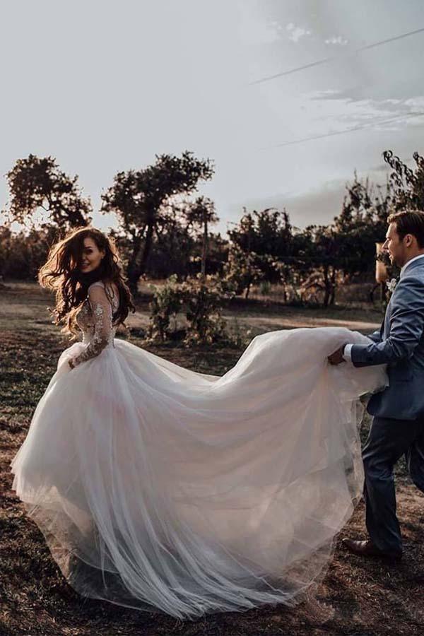Elegante lange Ärmel Tüll Brautkleider Brautkleider mit Spitzenapplikation