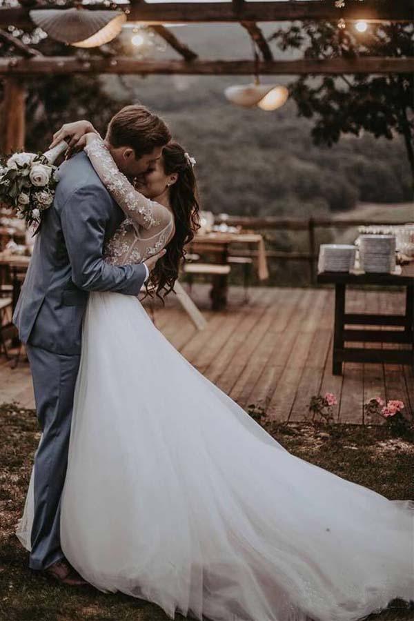 Elegante lange Ärmel Tüll Brautkleider Brautkleider mit Spitzenapplikation