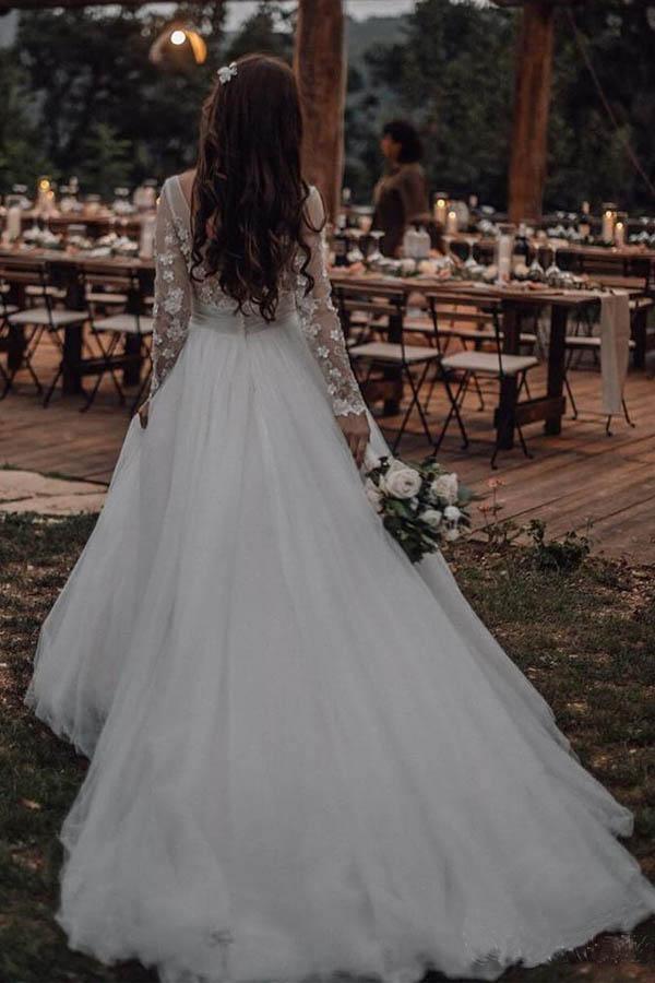 Elegante lange Ärmel Tüll Brautkleider Brautkleider mit Spitzenapplikation