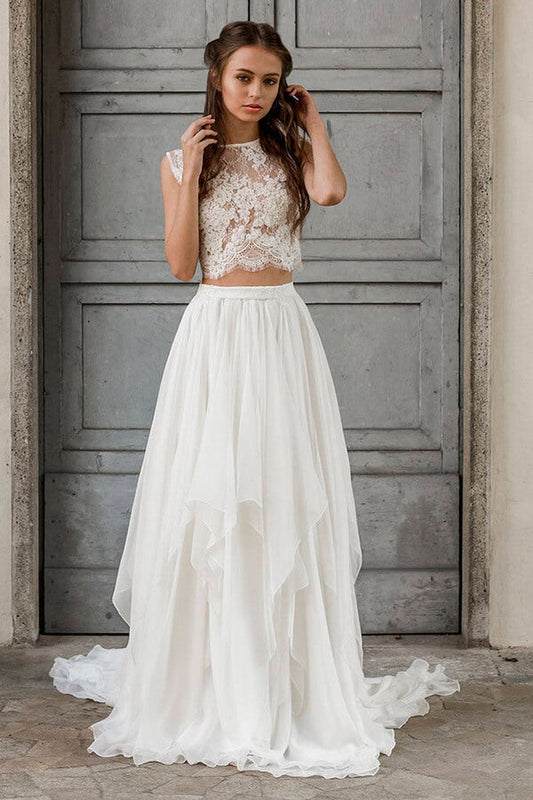 Elegantes langes zweiteiliges A-Linien-Brautkleid aus Spitzenchiffon