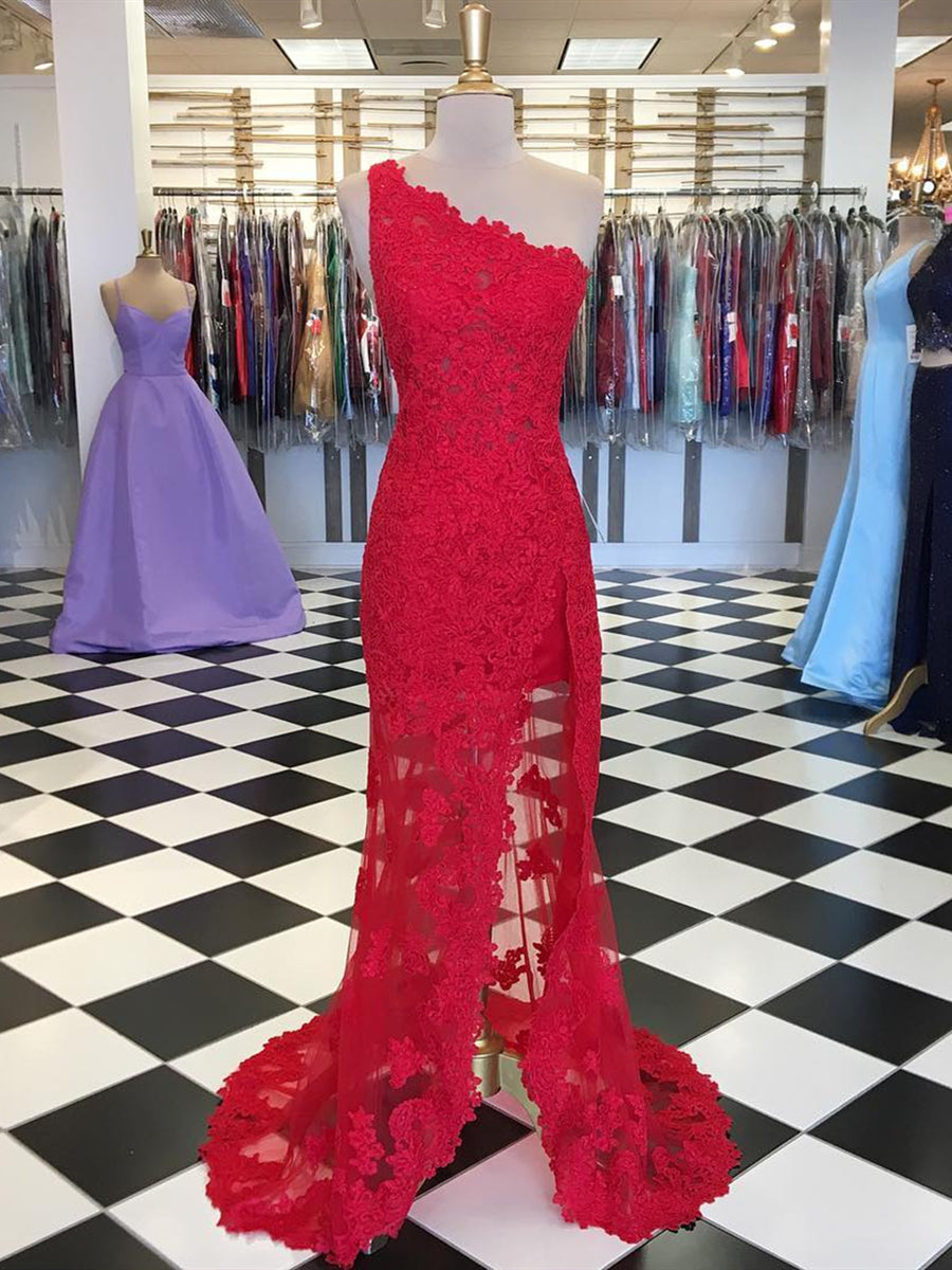 Elegant Mermaid One Shoulder Lace Long Prom Dresses with High Slit