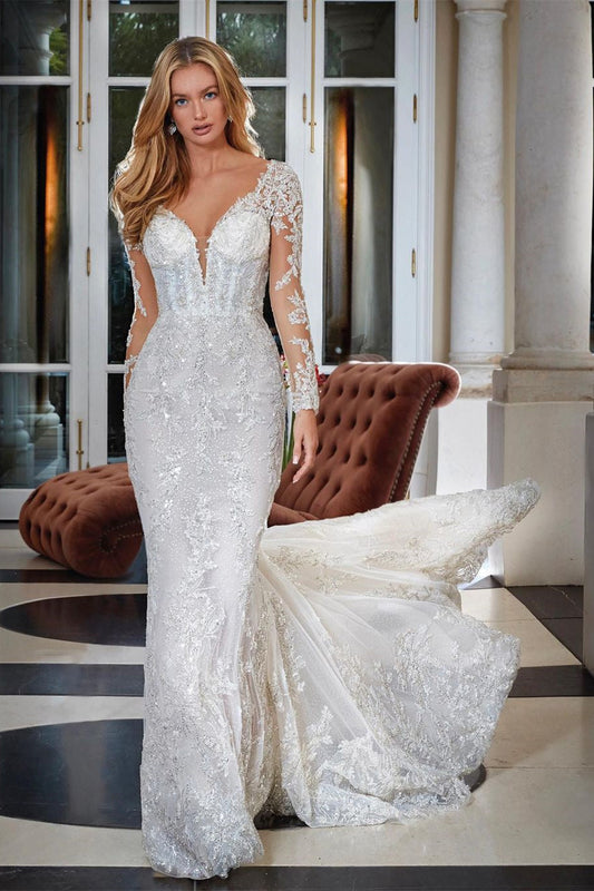 Elegantes Meerjungfrau-Brautkleid mit V-Ausschnitt, rückenfreiem Spitzenapplikationen und langen Ärmeln