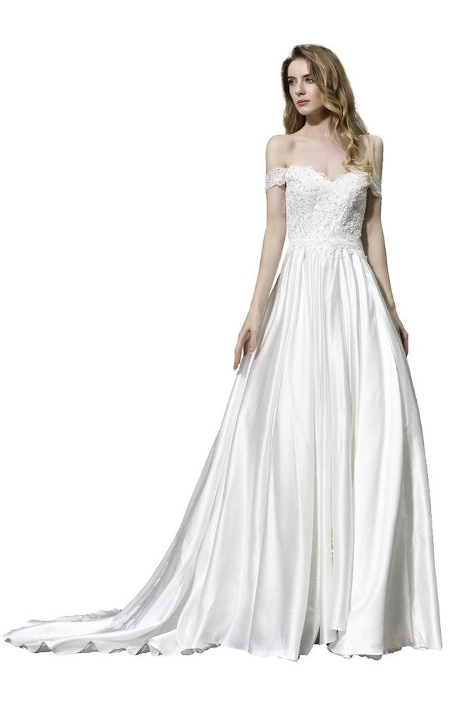 Elegantes schulterfreies Satin-Brautkleid in Bodenlänge mit Herzausschnitt und floraler Spitze in A-Linie