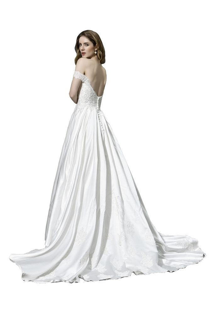 Elegantes schulterfreies Satin-Brautkleid in Bodenlänge mit Herzausschnitt und floraler Spitze in A-Linie
