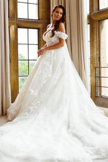 Elegante schulterfreie ärmellose A-Linie Brautkleider mit Spitze