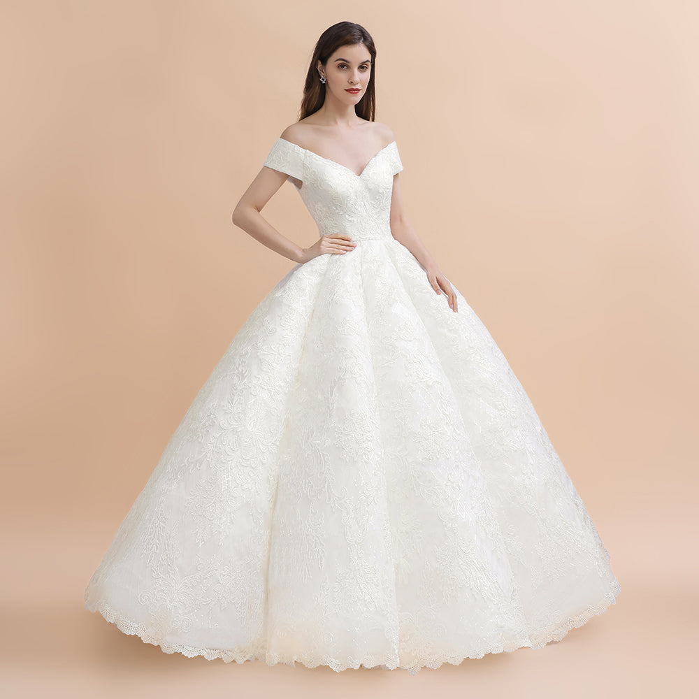 Elegantes schulterfreies weißes Spitzenapplikationen-Brautkleid