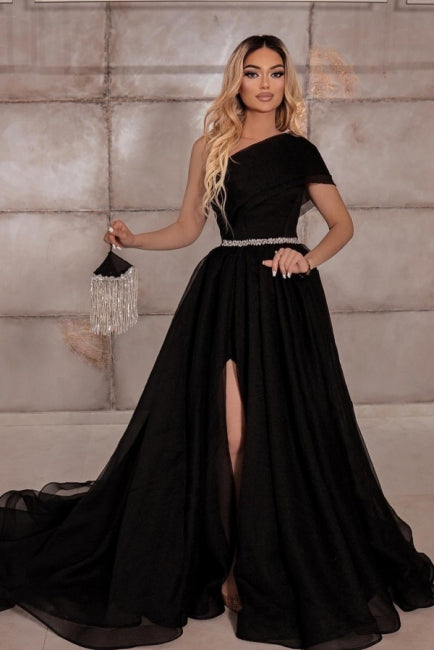 Elegante vestido de noche de gasa 100D sin mangas con un hombro al descubierto y cintas