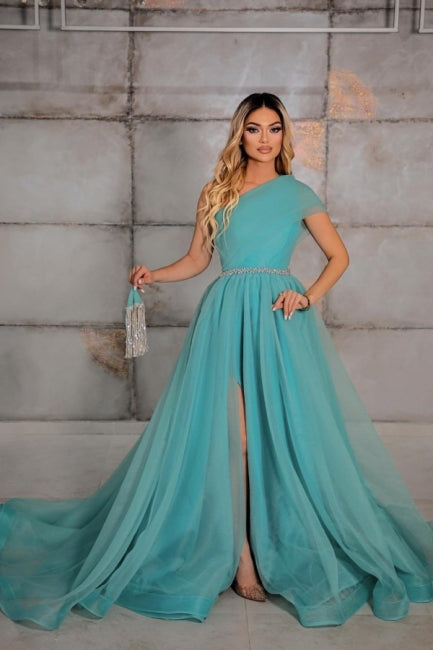 Elegante vestido de noche de gasa 100D sin mangas con un hombro al descubierto y cintas