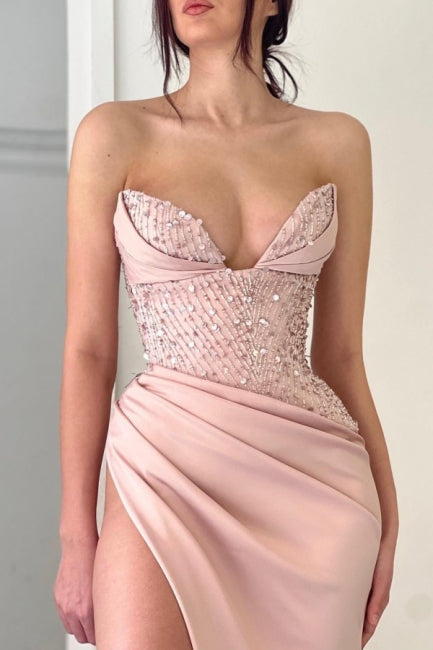 Elegantes vestidos de noche de sirena con escote en V color melocotón, vestidos de fiesta largos y sencillos con abertura