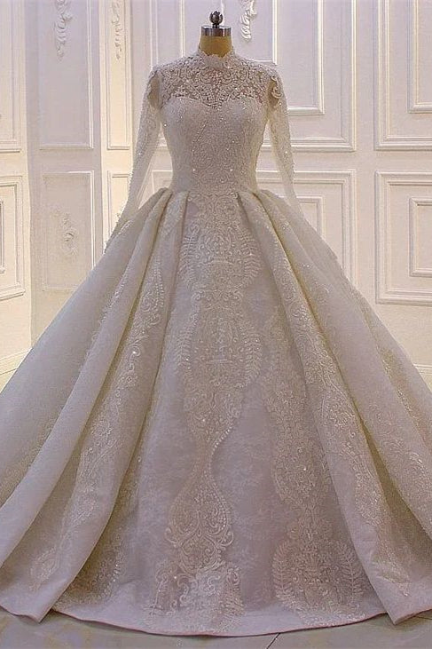 Elegantes Prinzessinnen-Brautkleid in A-Linie mit hohem Halsausschnitt, Spitze und Pailletten und langen Ärmeln