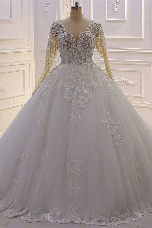 Elegantes Prinzessin-A-Linien-Brautkleid aus Tüll mit V-Ausschnitt und langen Ärmeln