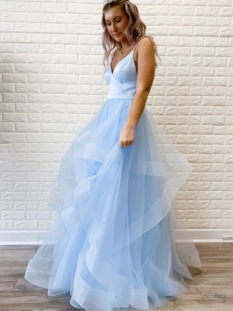 Elegante Prinzessin V-Ausschnitt Puffy Organza Spaghettiträger Lange Ballkleider