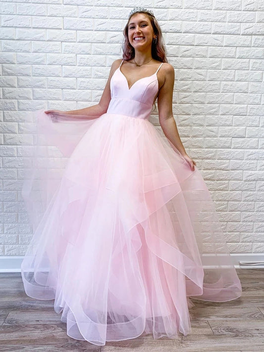 Elegante Prinzessin V-Ausschnitt Puffy Organza Spaghettiträger Lange Ballkleider