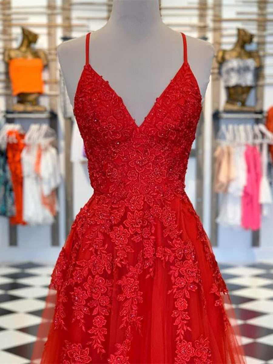 Elegant Red Long A Line V Neck Tulle Lace Formal Graduation Prom Dresses