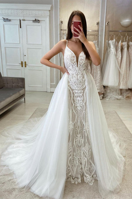 Elegante vestido de novia de corte A, sin mangas, con tirantes finos y cola desmontable
