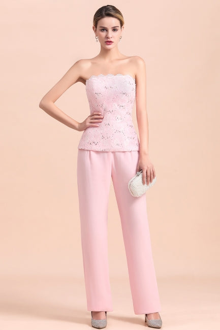 Elegante mono de madre de la novia con apliques sin tirantes y mangas largas cruzadas