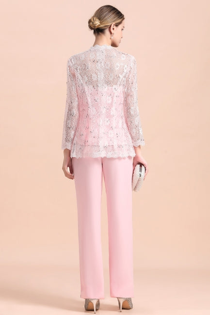 Elegante mono de madre de la novia con apliques sin tirantes y mangas largas cruzadas