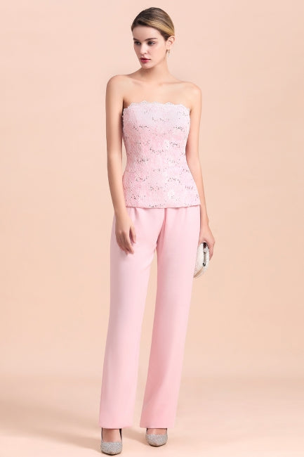 Elegante mono de madre de la novia con apliques sin tirantes y mangas largas cruzadas