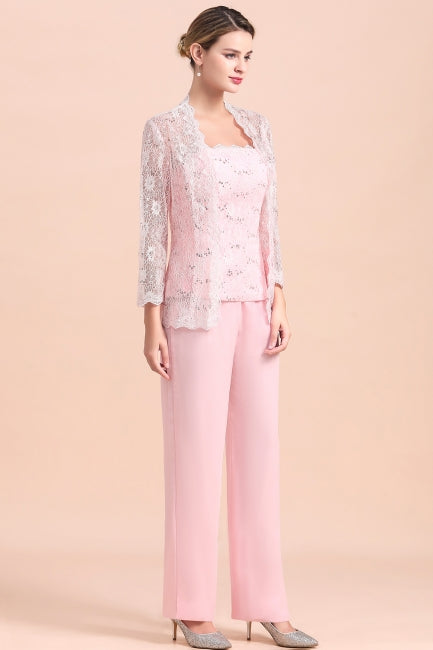 Elegante mono de madre de la novia con apliques sin tirantes y mangas largas cruzadas