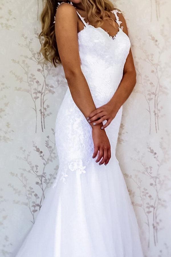 Elegante Träger Meerjungfrau Weiß Langes Brautkleid Brautkleid