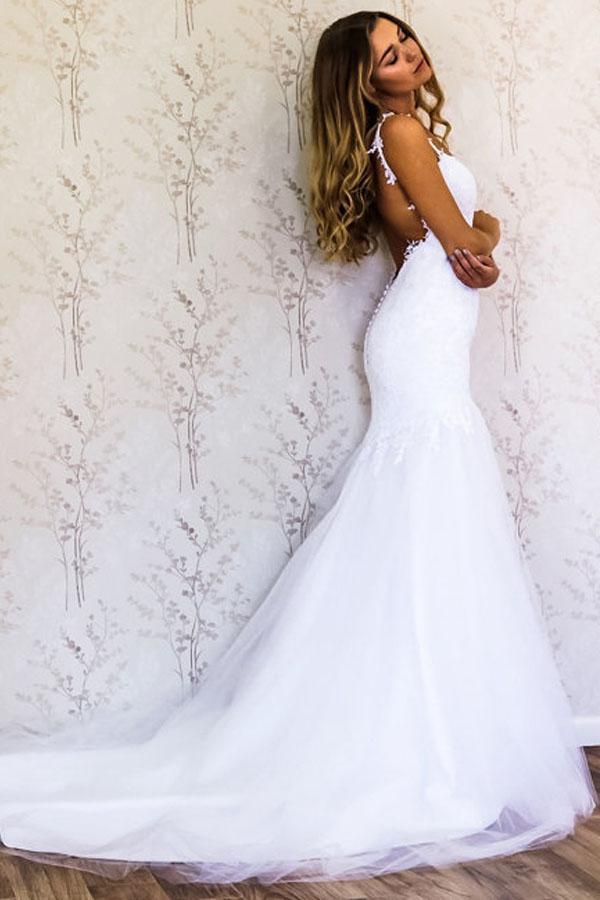 Elegante Träger Meerjungfrau Weiß Langes Brautkleid Brautkleid
