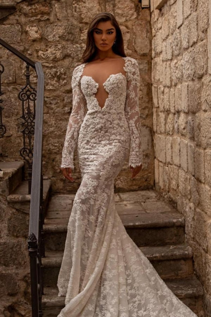 Elegante Sweetheart Longsleeves Meerjungfrau Spitze Brautkleider
