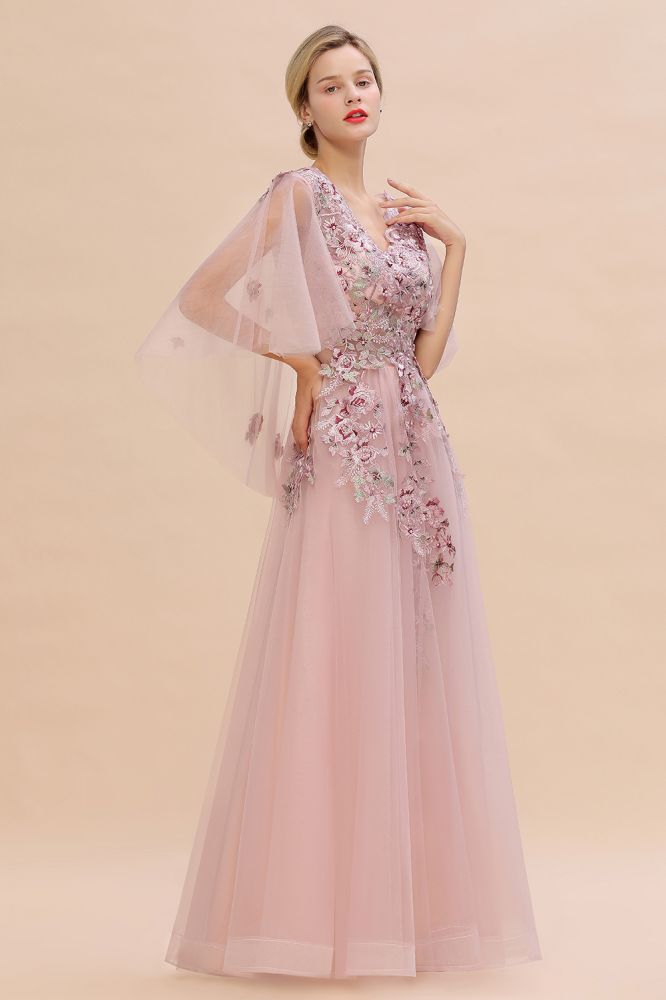 Elegant Tulle A-line Floral Wedding Dress Puffy Long Sleeves Evening Party Dress