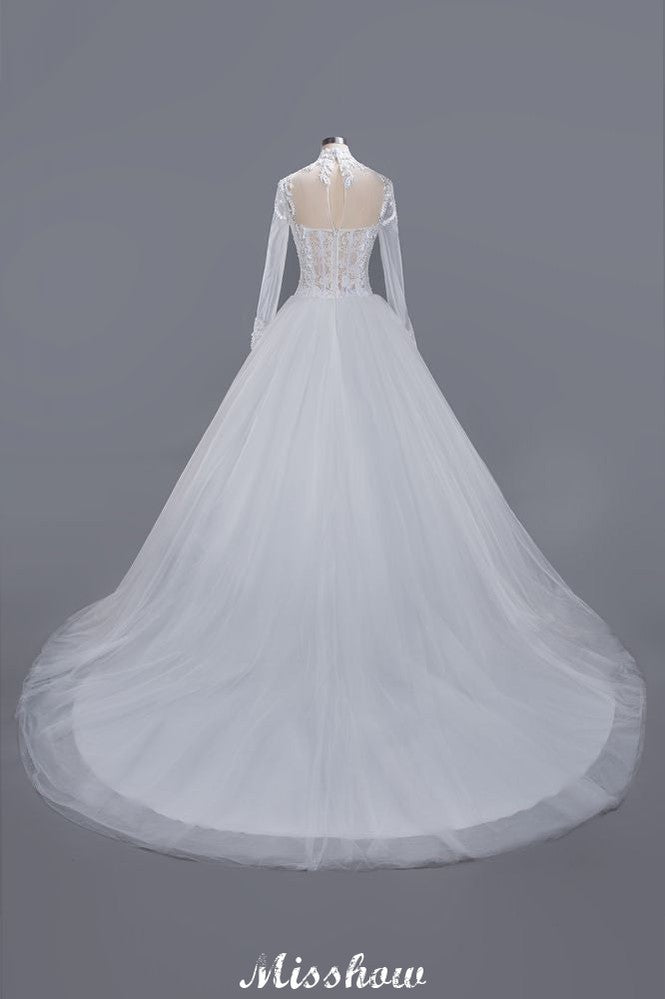 Elegant Tulle Lace Ball Gown High Neck Long Sleeves Floor Length Wedding Dress