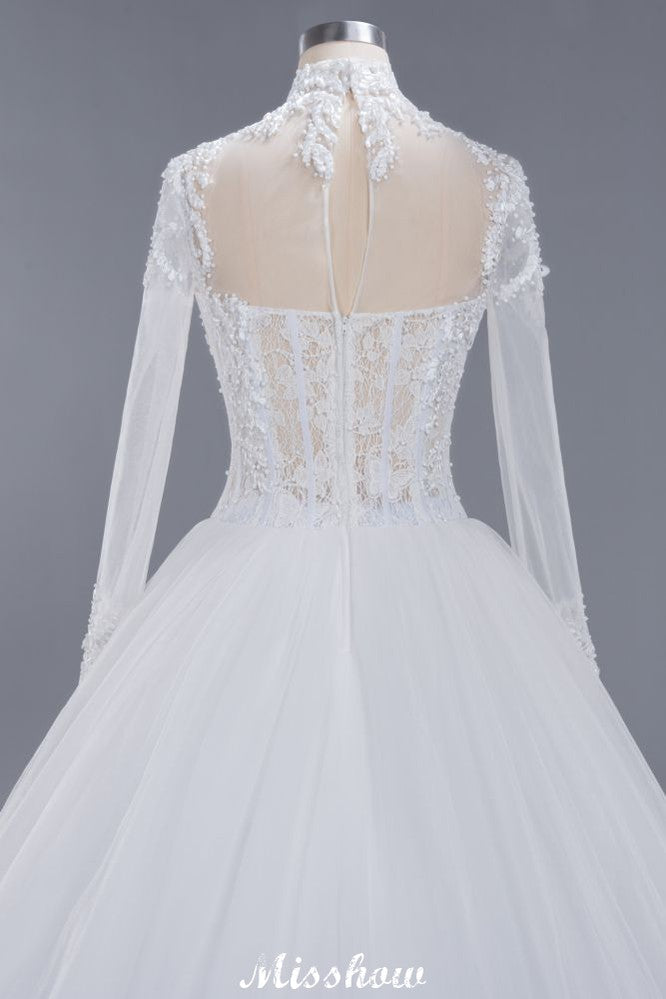 Elegant Tulle Lace Ball Gown High Neck Long Sleeves Floor Length Wedding Dress