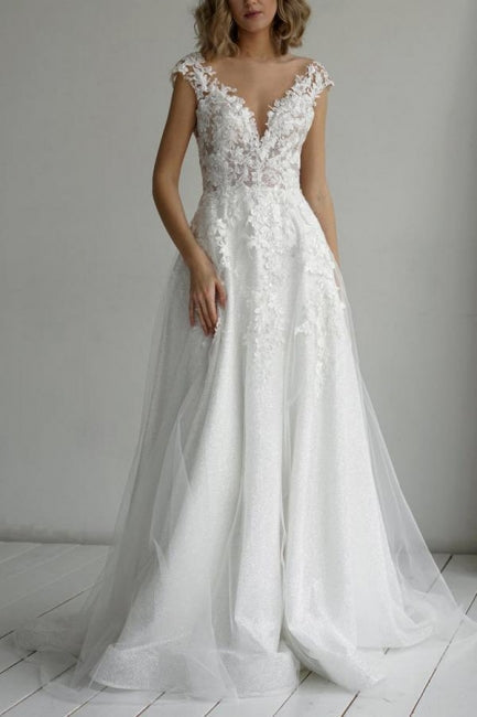 Elegantes vestidos de novia de corte A sin mangas con escote en V y encaje