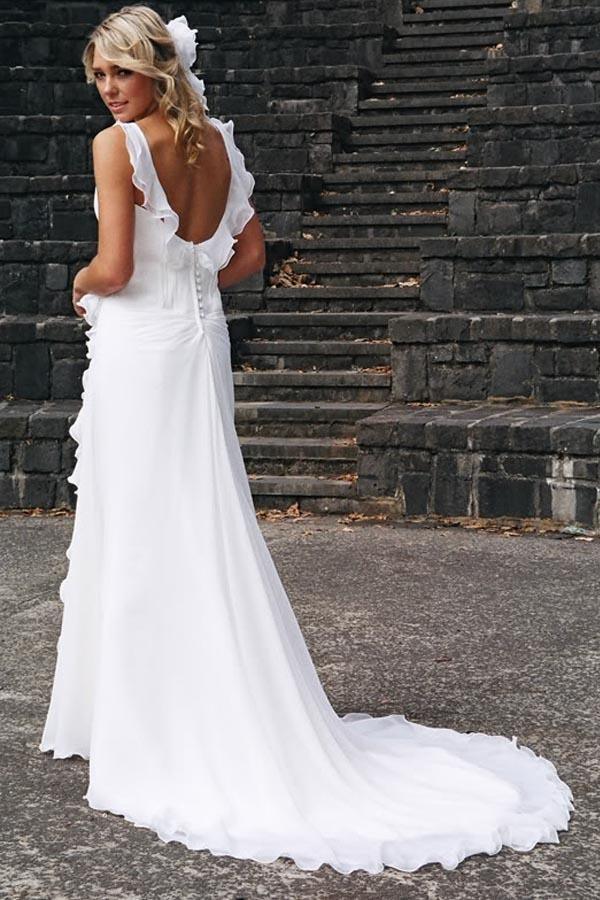Elegantes V-Ausschnitt Chiffon Rüschen Ärmelloses Brautkleid Brautkleider