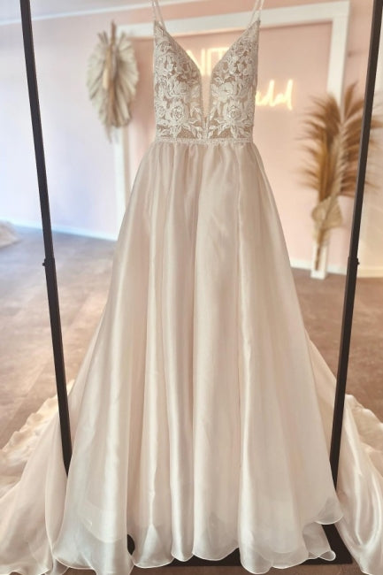 Elegante vestido de novia de encaje, corte A, sin mangas, con tirantes finos y escote en V