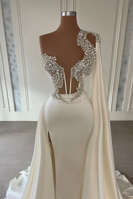 Elegante weiße A-Linie One-Shoulder-Abendkleider Lange Glitter Ballkleider mit Schlitz