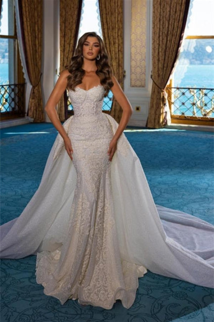 Elegante vestido de novia blanco largo de corte A sin mangas con encaje