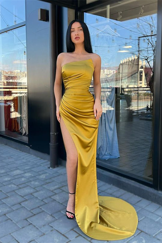 Elegante vestido de fiesta amarillo sencillo sin mangas de sirena con abertura