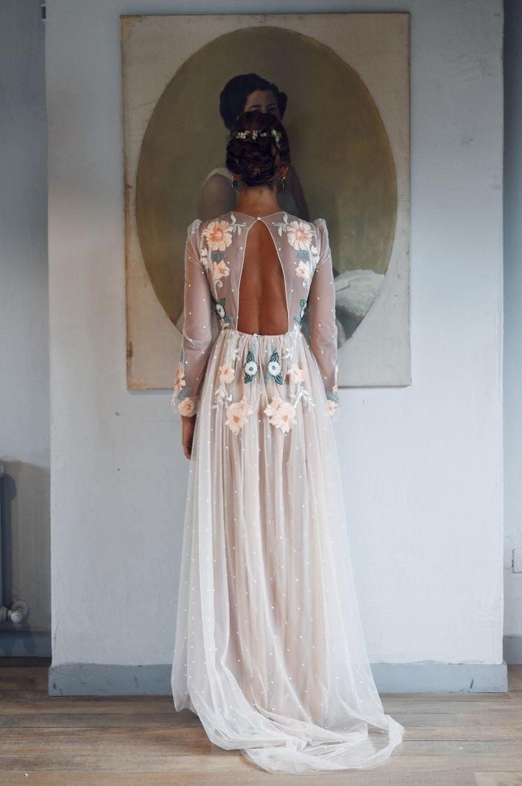 Vestido de fiesta elegante con bordado, corte A, espalda abierta, manga larga y brillante