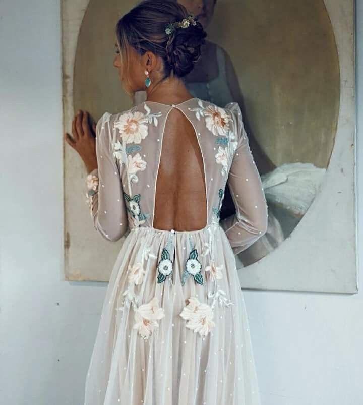 Vestido de fiesta elegante con bordado, corte A, espalda abierta, manga larga y brillante
