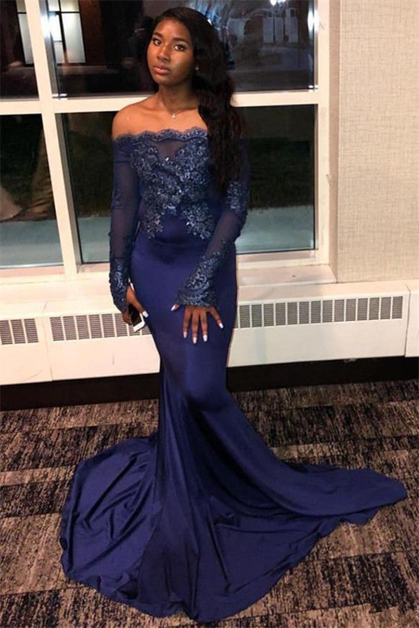 Ausgezeichnetes langes Meerjungfrau-Ballkleid mit schulterfreien Applikationen und Spitze und Ärmeln