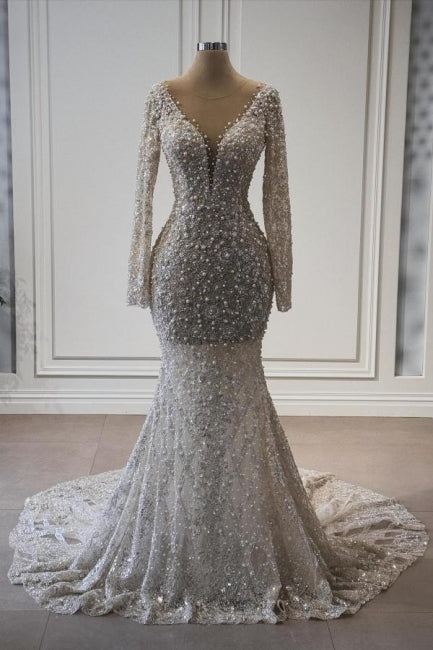 Exquisites langes Meerjungfrau-Brautkleid mit V-Ausschnitt und langen Ärmeln aus Spitze