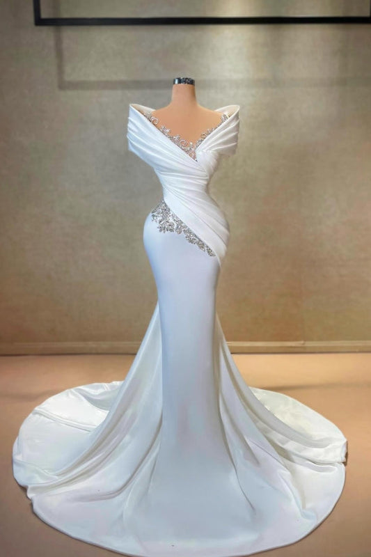 Exquisites langes weißes schulterfreies Meerjungfrau-Brautkleid aus Spitzensatin mit Strass