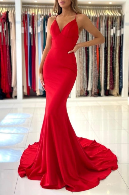 Exquisitos vestidos de fiesta de satén sirena sin mangas con tirantes finos rojos