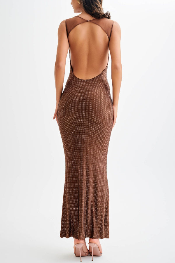 Midnight Fantasy Stretch-Maxikleid mit Pailletten und Netzstoff-Schultergurten und offenem Rücken
