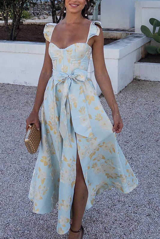 Vestido midi con corsé fruncido y espalda con volantes, estilo barroco floral