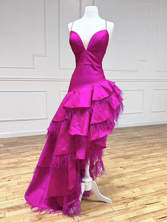 Vestido de fiesta largo irregular con escote en V y corte A en color fucsia