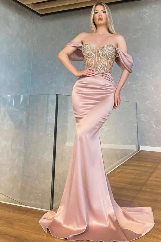 Long Off the Shoulder Sweetheart Mermaid Satin Prom Dress With Beads