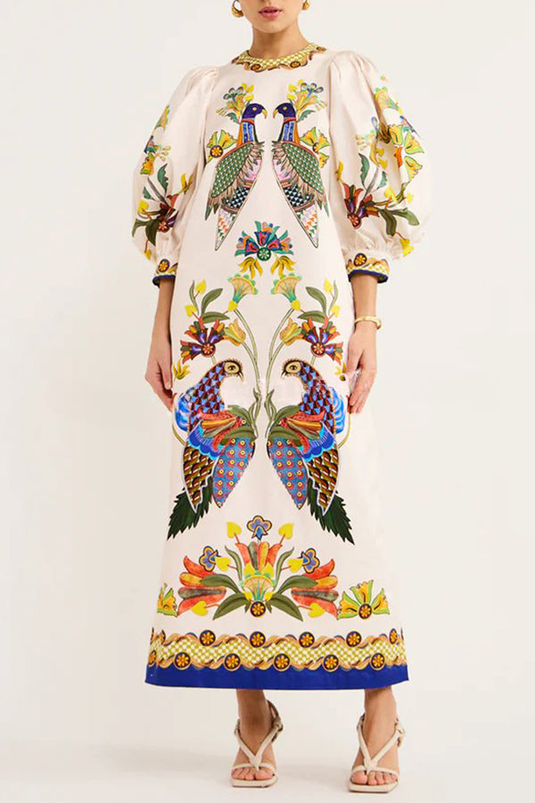 Garden Party – Unique Heaven – Lockeres Midikleid mit Puffärmeln und Vogelprint