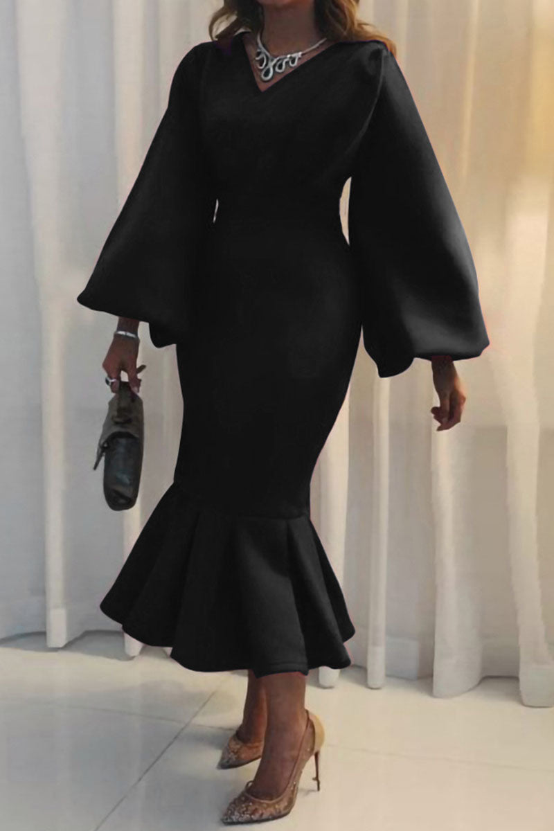 Elegant Solid Patchwork V Neck Evening Dress Dresses(4 Colors))